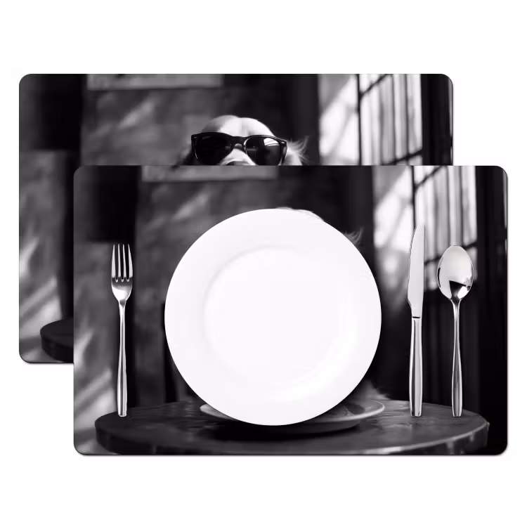 Golden Retriever - Hond - Vrolijk - Bord spaghetti - Zwart - wit Placemat vinyl groot -zzsfeer2_Kitchenyeah-website