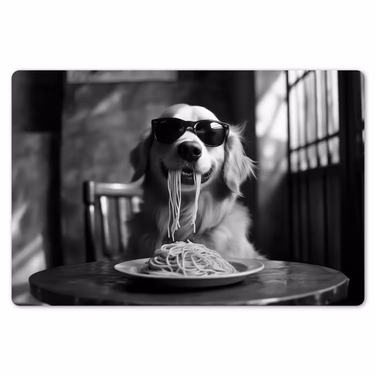 Golden Retriever - Hond - Vrolijk - Bord spaghetti - Zwart - wit Placemat vinyl groot -zzsfeer1_Kitchenyeah-website