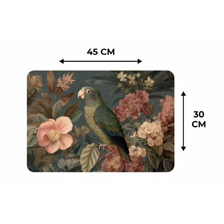 Groene papegaai - Kleurrijke bloemen - Donkere achtergrond Placemat vinyl groot -specs