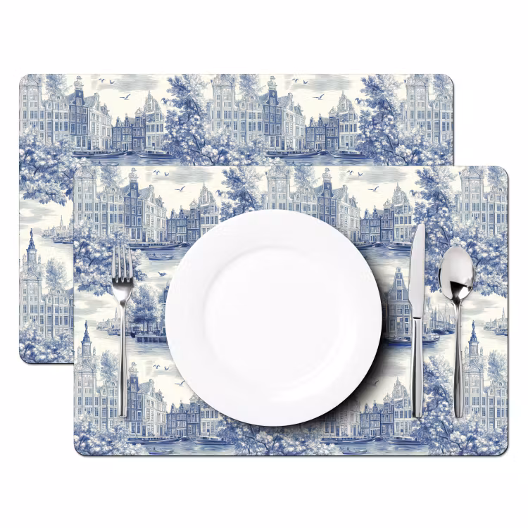 Huizen - Bomen - Water - Vogels - Blauw Placemat vinyl groot 368 -zzsfeer2_Kitchenyeah-website