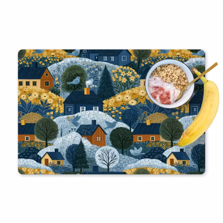 Huisjes - Bloemen - Patroon - Geel - Blauw Placemat vinyl groot 368 -zzzproduct_Kitchenyeah-website