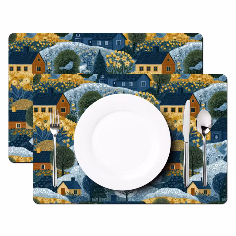 Huisjes - Bloemen - Patroon - Geel - Blauw Placemat vinyl groot 368 -zzsfeer2_Kitchenyeah-website
