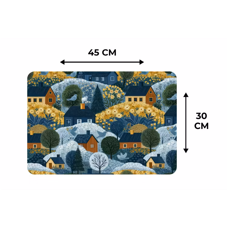 Huisjes - Bloemen - Patroon - Geel - Blauw Placemat vinyl groot 368 -specs