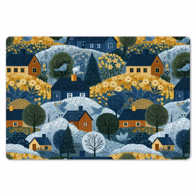 Huisjes - Bloemen - Patroon - Geel - Blauw Placemat vinyl groot 368 -zzsfeer1_Kitchenyeah-website