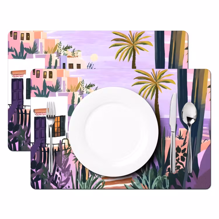 Huizen - Minimalistisch - Palmbomen - Kust Placemat vinyl groot -zzsfeer2_Kitchenyeah-website