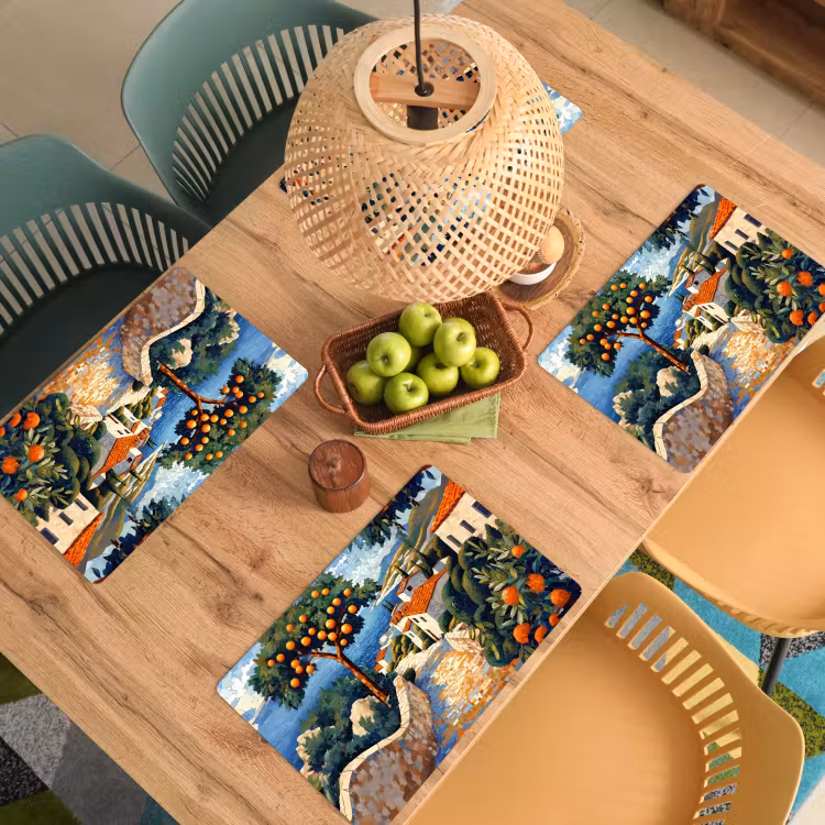 Huizen - Mozaïek - Sinaasappelbomen - Zee Placemat vinyl groot -zzsfeer5_Kitchenyeah-website