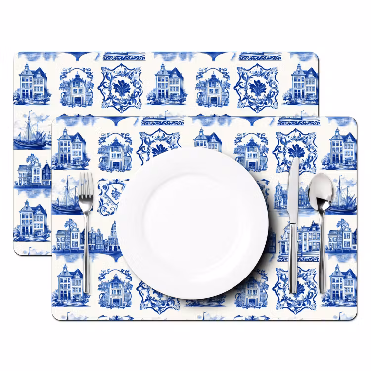 Huizen - Schepen - Blauw Placemat vinyl groot 368 -zzsfeer2_Kitchenyeah-website