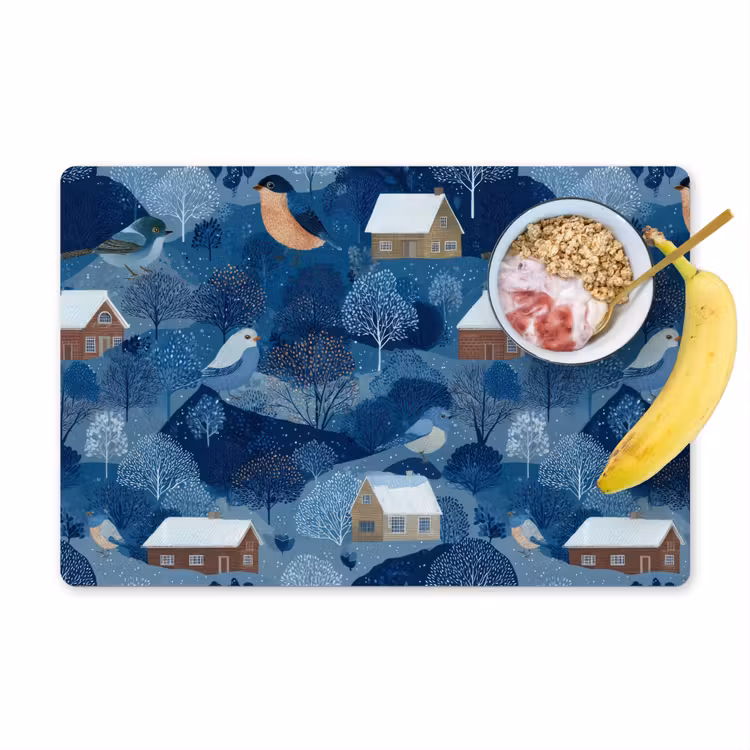 Huisjes - Vogels - Sneeuw - Winter - Blauw Placemat vinyl groot 368 -zzzproduct_Kitchenyeah-website