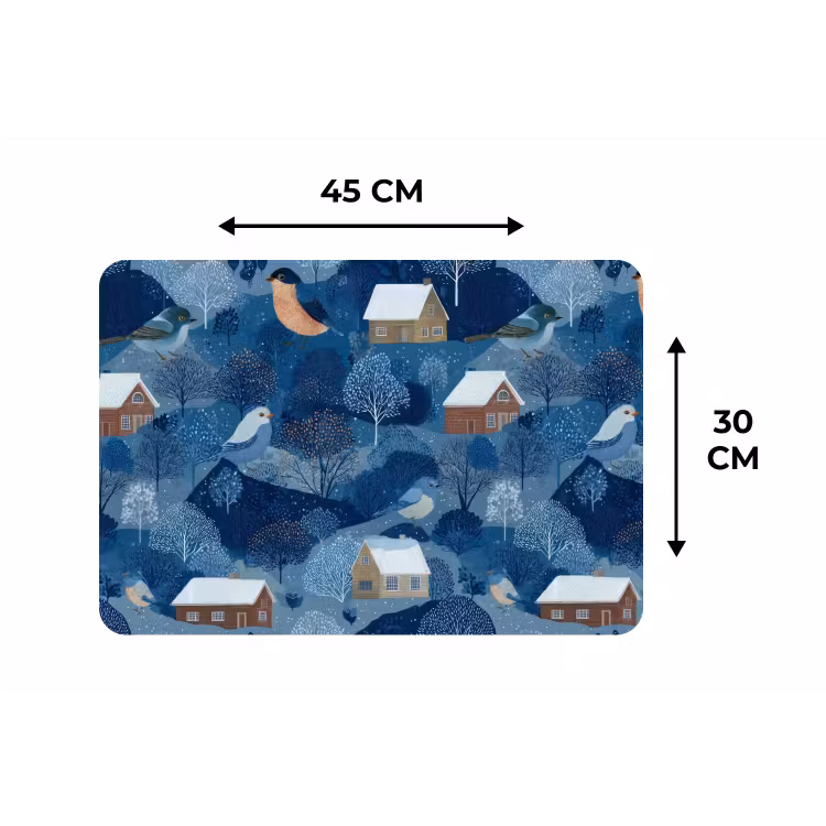 Huisjes - Vogels - Sneeuw - Winter - Blauw Placemat vinyl groot 368 -specs
