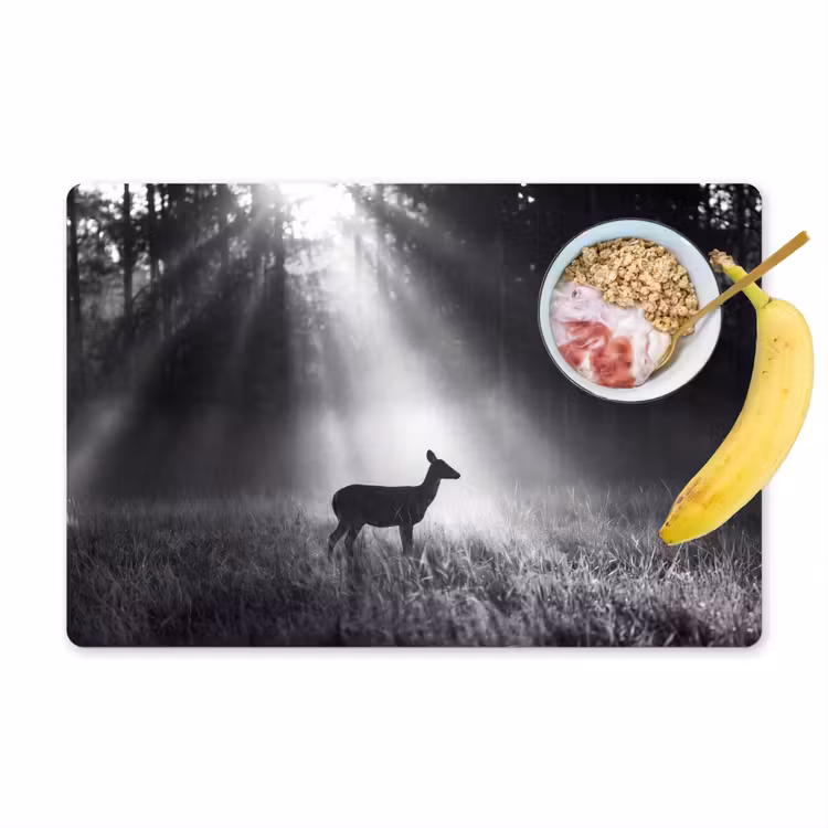Hert - Bos - Zonnestralen - Zwart-wit - Natuur Placemat vinyl groot -zzzproduct_Kitchenyeah-website