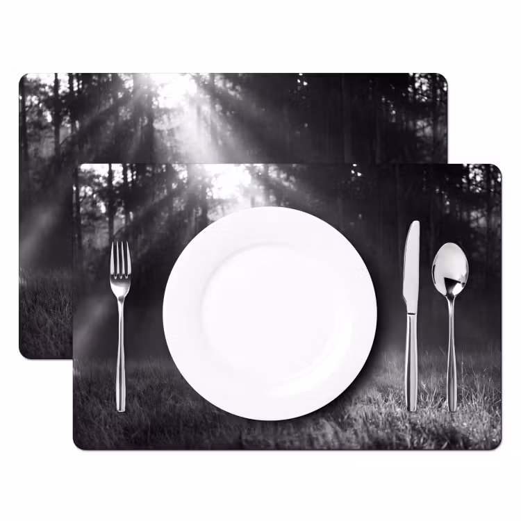 Hert - Bos - Zonnestralen - Zwart-wit - Natuur Placemat vinyl groot -zzsfeer2_Kitchenyeah-website