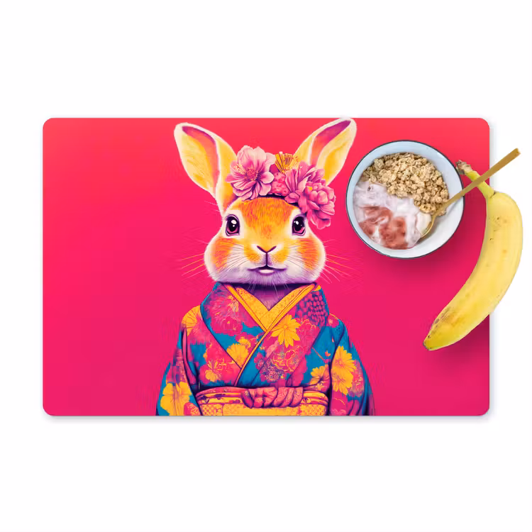 Konijn - Bloemen - Kleurrijk - Kimono Placemat vinyl groot -zzzproduct_Kitchenyeah-website