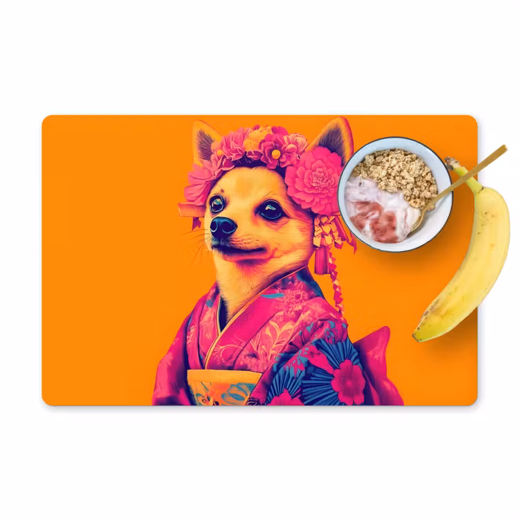 Kimono - Hondje - Bloemenkroon - Oranje Placemat vinyl groot -zzzproduct_Kitchenyeah-website