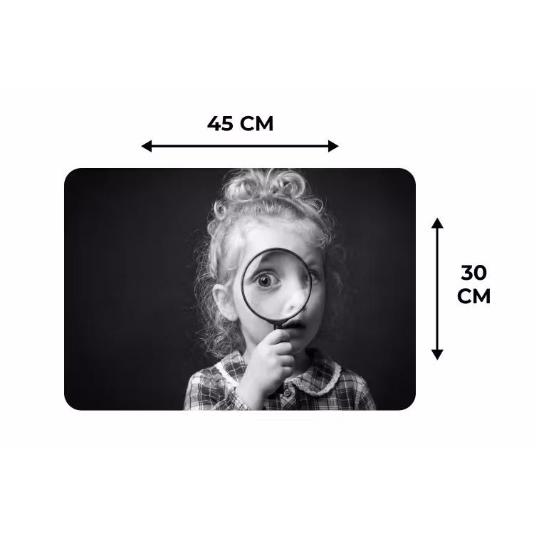 Kind - Vergrootglas - Portret - Zwart-wit Placemat vinyl groot -specs