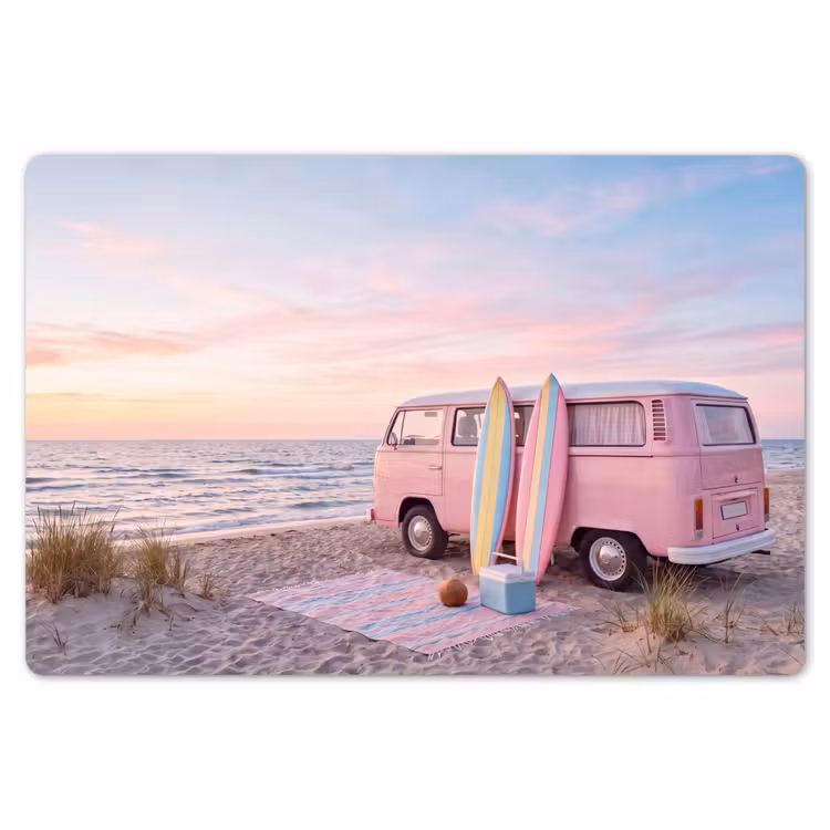 Busje - Strand - Surfplank - Zomer - Roze Placemat vinyl groot -zzsfeer1_Kitchenyeah-website