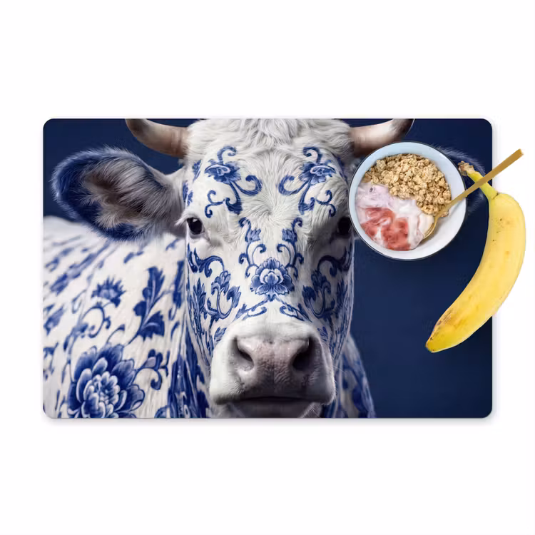 Koe - Delfts - Blauw - Artistiek Placemat vinyl groot -zzzproduct_Kitchenyeah-website