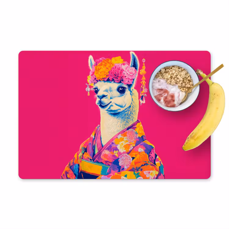 Lama - Kimono - Bloemenkrans - Felroze Placemat vinyl groot -zzzproduct_Kitchenyeah-website