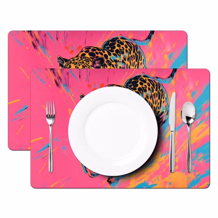 Luipaard - Roze - Oranje - Blauw - Verf Placemat vinyl groot -zzsfeer2_Kitchenyeah-website