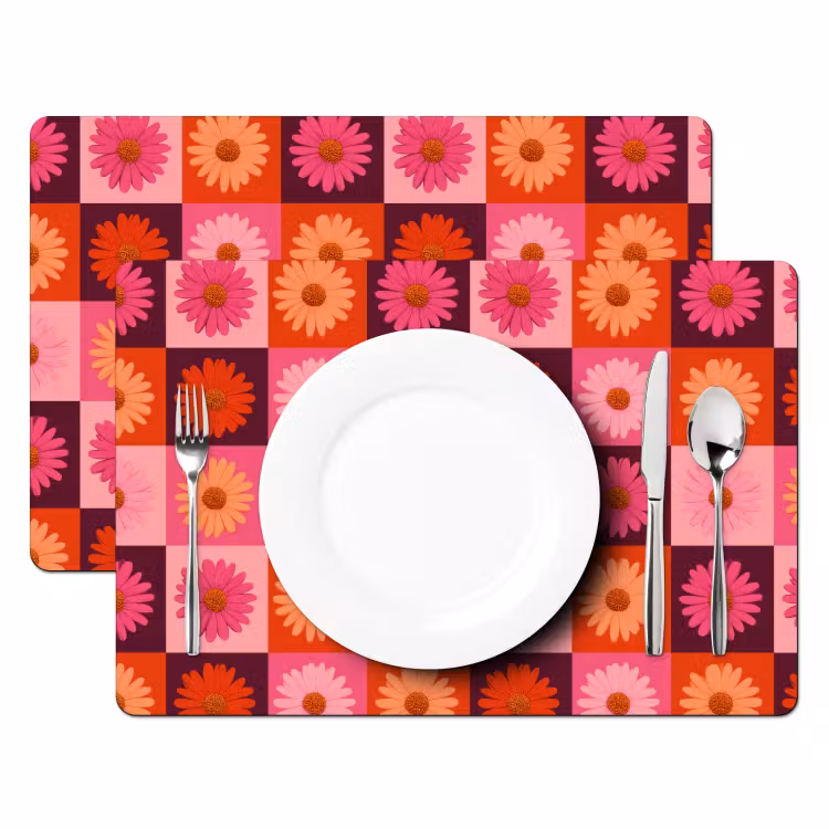 Madeliefjes - Dambord - Retro - Roze - Oranje Placemat vinyl groot 368 -zzsfeer2_Kitchenyeah-website