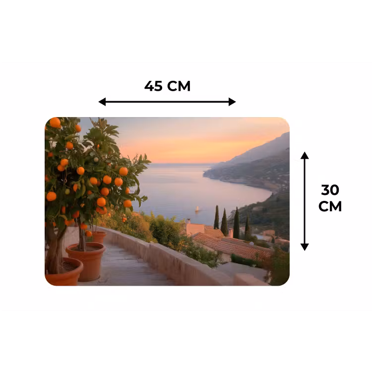 Middelandse zee - Sinaasappel - Heuvels - Zee Placemat vinyl groot -specs