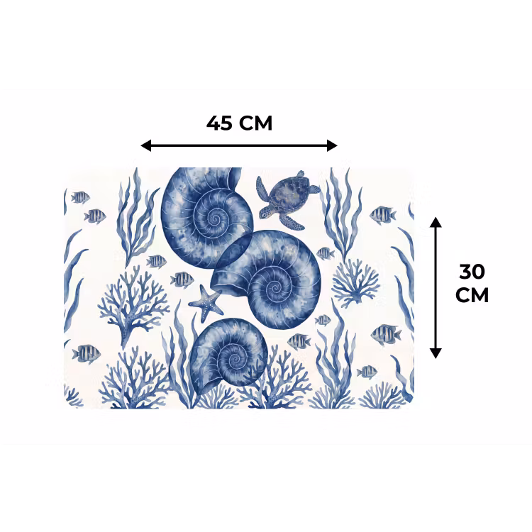 Schelp - Spiraal - Zeeleven - Aquarel - Blauw Placemat vinyl groot -specs