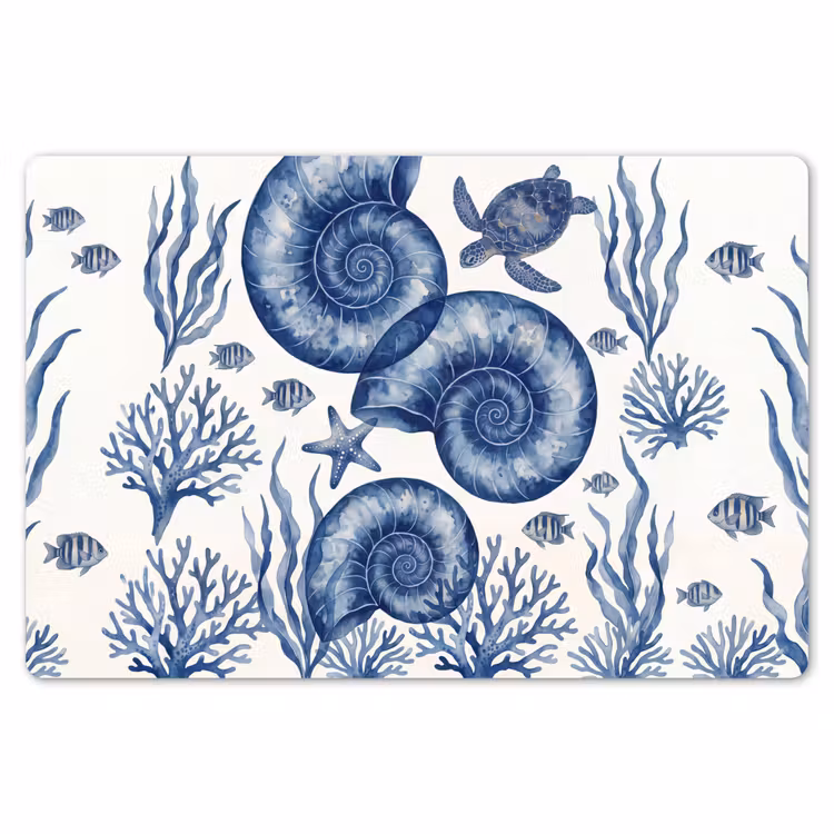 Schelp - Spiraal - Zeeleven - Aquarel - Blauw Placemat vinyl groot -zzsfeer1_Kitchenyeah-website