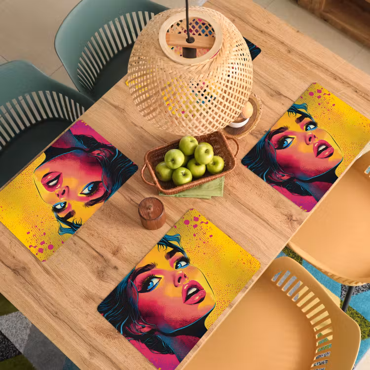 Close-up - Vrouwengezicht - Stippen - Geel Placemat vinyl groot -zzsfeer5_Kitchenyeah-website