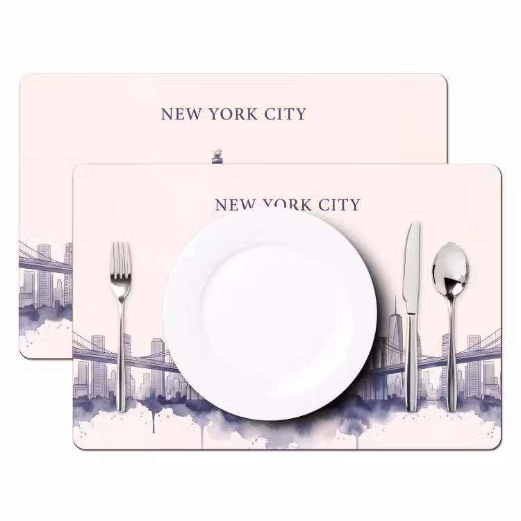 New York - Vrijheidsbeeld - Skyline - Illustratie - Blauw Placemat vinyl groot -zzsfeer2_Kitchenyeah-website