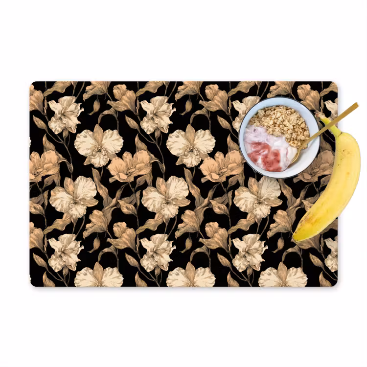 Orchideeën - Lijntekening - Patroon - Beige - Zwart Placemat vinyl groot 368 -zzzproduct_Kitchenyeah-website