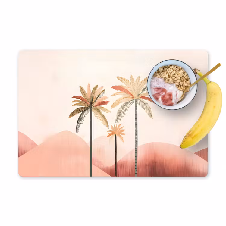 Palmbomen - Heuvels - Minimalistisch - Zachtroze Placemat vinyl groot -zzzproduct_Kitchenyeah-website