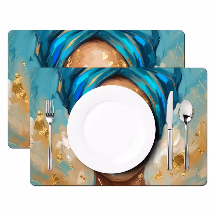 Portret - Vrouw - Schilderij - Blauw - Goud - Expressief Placemat vinyl groot -zzsfeer2_Kitchenyeah-website