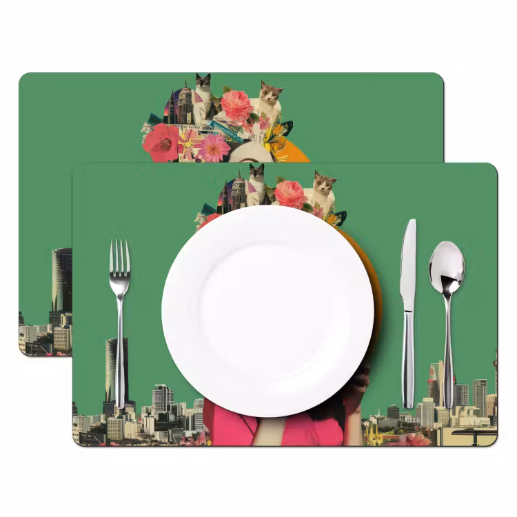 Retro - Vrouw - Stad - Zon Placemat vinyl groot -zzsfeer2_Kitchenyeah-website