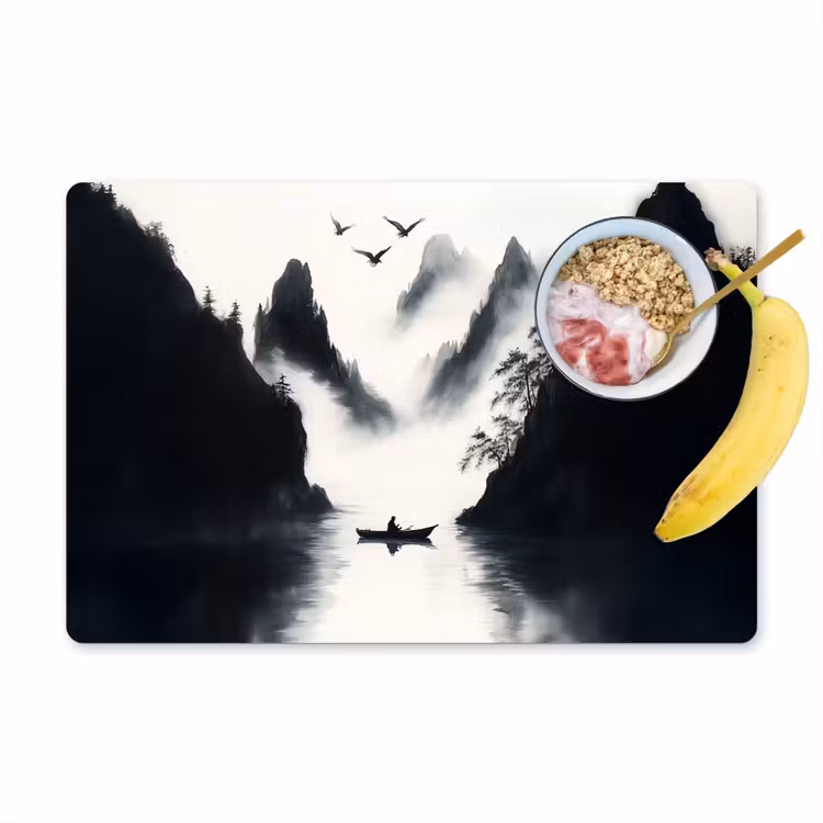 Roeiboot - Mistig - Bergen - Vogels Placemat vinyl groot -zzzproduct_Kitchenyeah-website