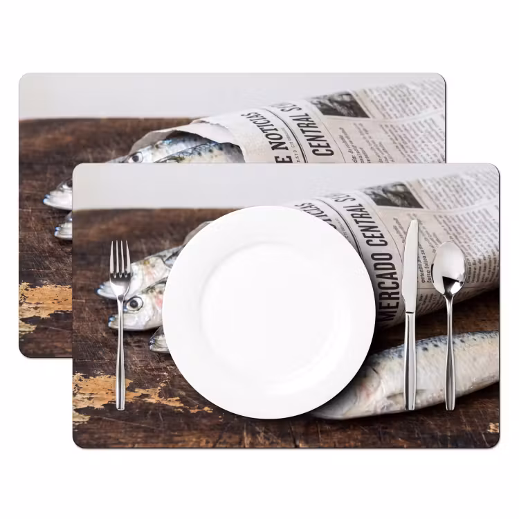 Tischset - 6 Stück - Sardine – Zeitung – Schneidebrett - Sardientje - krant - snijplank Placemat vinyl groot