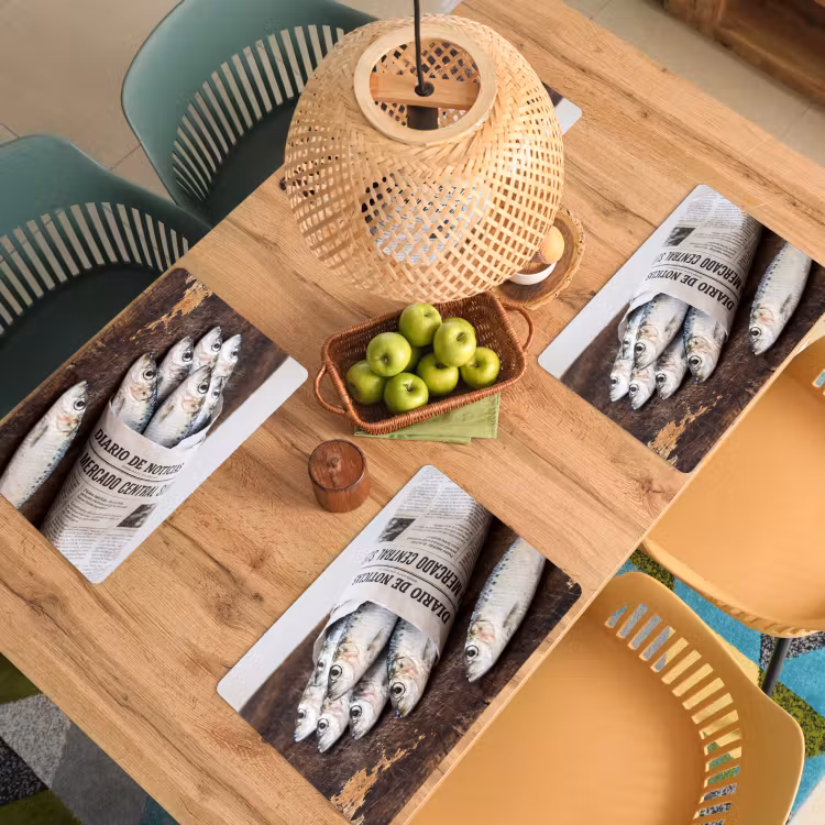 Tischset - 6 Stück - Sardine – Zeitung – Schneidebrett - Sardientje - krant - snijplank Placemat vinyl groot