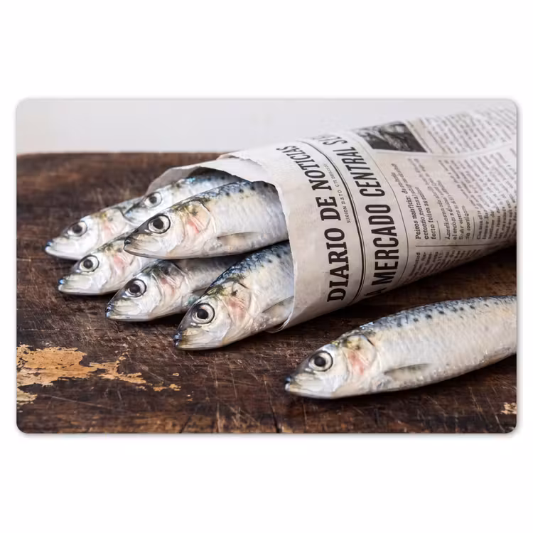 Tischset - 6 Stück - Sardine – Zeitung – Schneidebrett - Sardientje - krant - snijplank Placemat vinyl groot