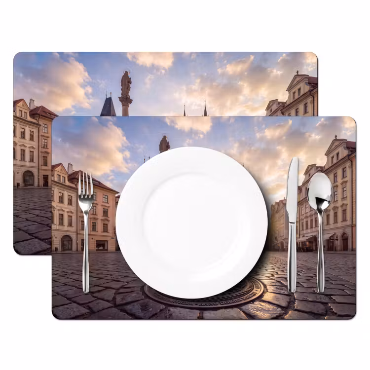 Stad - Praag - Ochtend - Architectuur - Goud Placemat vinyl groot -zzsfeer2_Kitchenyeah-website