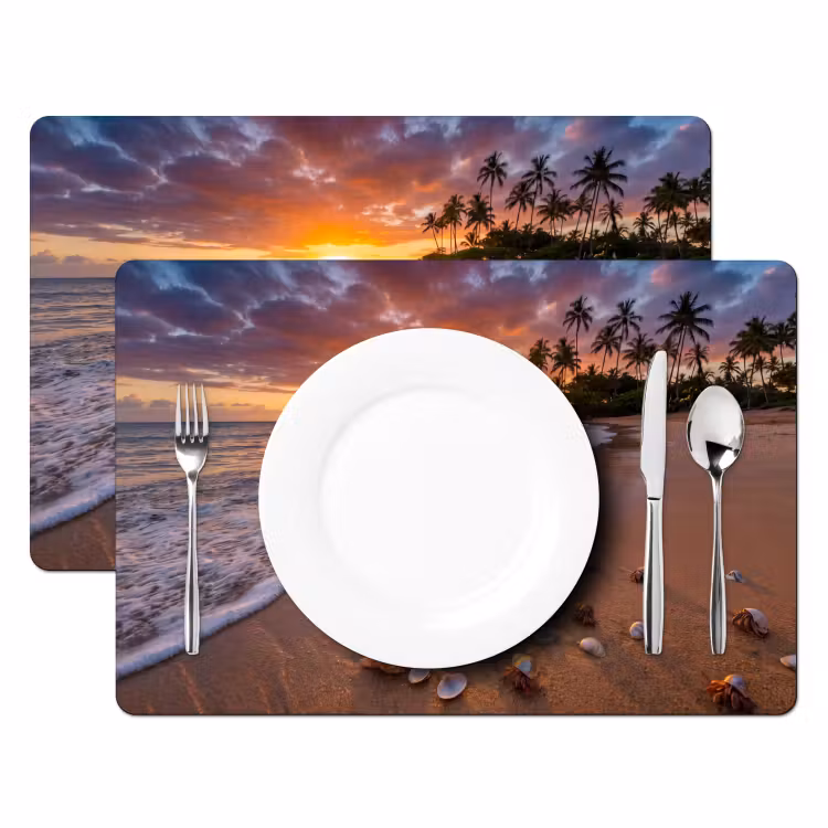 Strand - Zonsondergang - Palmbomen - Natuur - Oranje Placemat vinyl groot -zzsfeer2_Kitchenyeah-website
