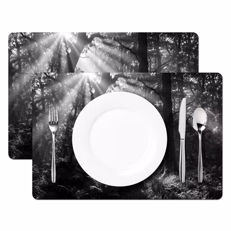 Bos - Lichtstralen - Natuur - Zwart-wit Placemat vinyl groot -zzsfeer2_Kitchenyeah-website