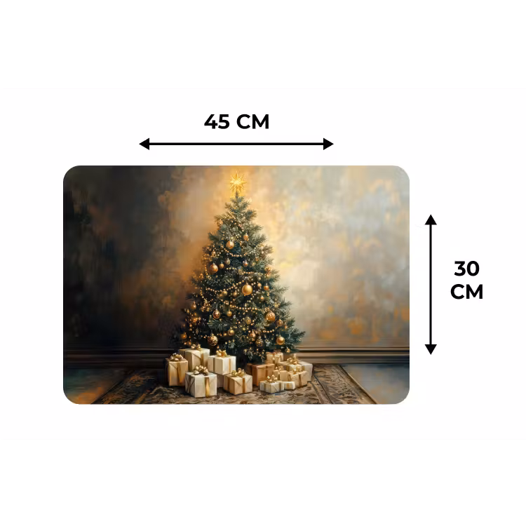 Kerstboom - Cadeaus - Goud Placemat vinyl groot -specs