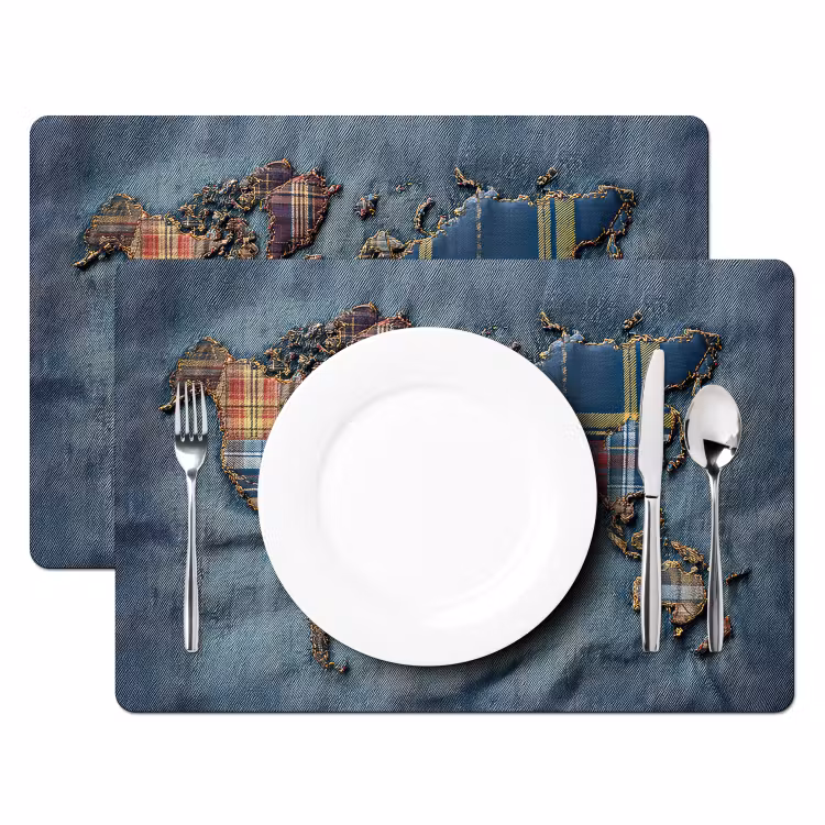 Wereldkaart - Denim - Textiel Placemat vinyl groot -zzsfeer2_Kitchenyeah-website
