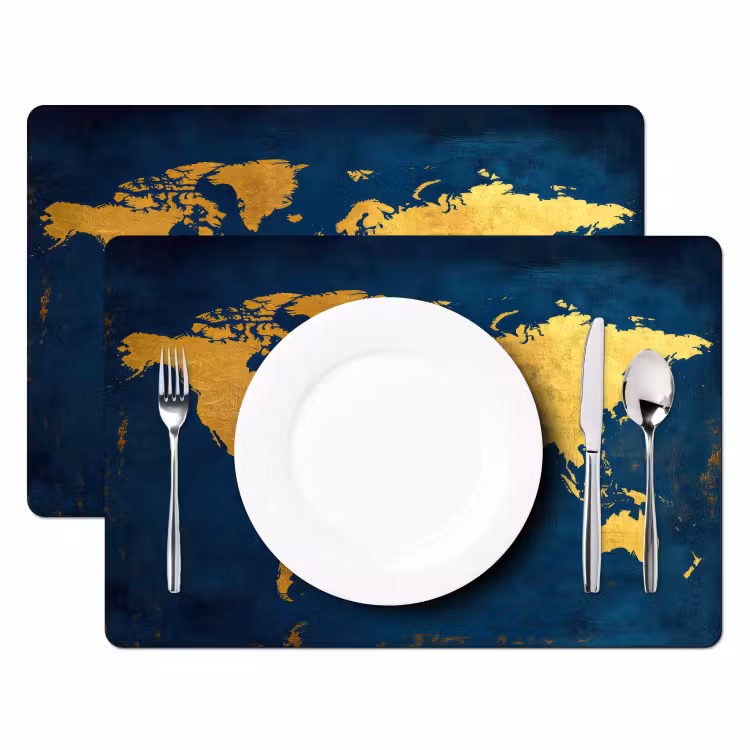 Wereldkaart - Goud - Donkerblauw Placemat vinyl groot -zzsfeer2_Kitchenyeah-website