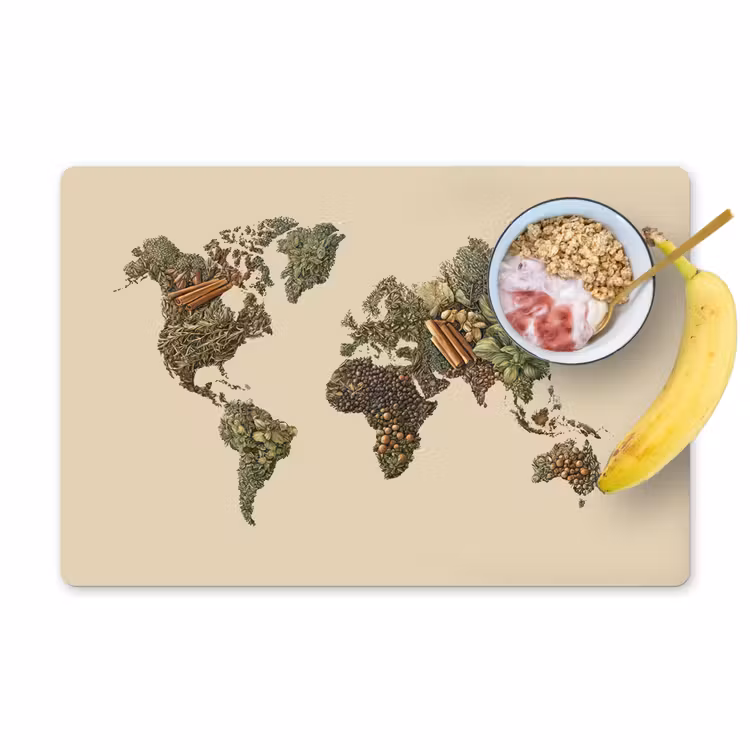 Wereldkaart - Kruiden - Kleurrijk Placemat vinyl groot -zzzproduct_Kitchenyeah-website