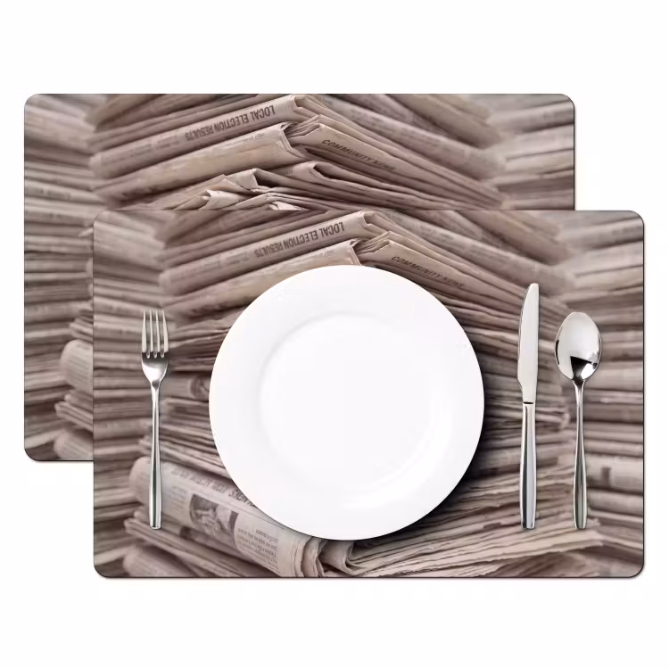 Kranten - Stapel - Nieuws - Vintage - Beige Placemat vinyl groot -zzsfeer2_Kitchenyeah-website