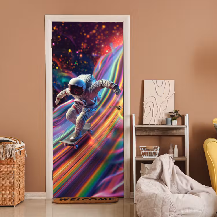 Astronaut - Ruimte - Skateboard - Kleurrijk deurposter klein -sfeer1