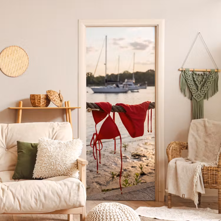 Badkleding - Rood - Zomer - Water - Zonsondergang deurposter klein -sfeer2