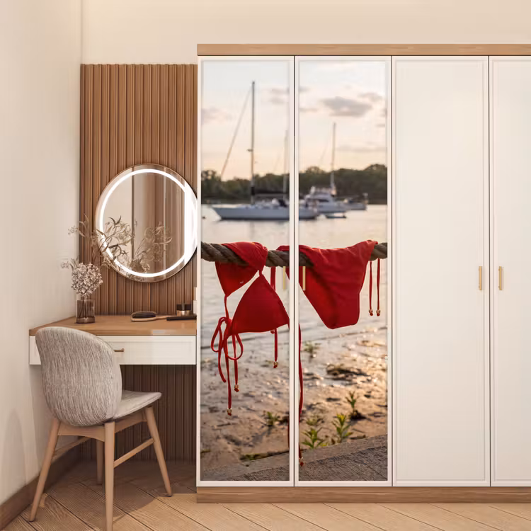 Badkleding - Rood - Zomer - Water - Zonsondergang deurposter klein -sfeer3