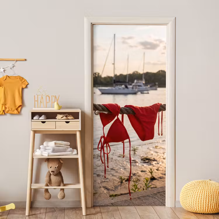 Badkleding - Rood - Zomer - Water - Zonsondergang deurposter klein -sfeer4