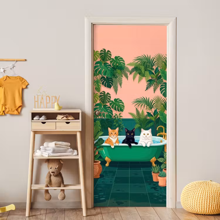 Badkamer - Kattenparade - Kleurrijk deurposter klein -sfeer4