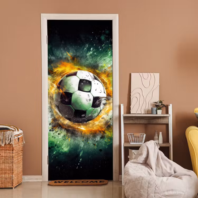 Bal - Voetbal - Groen - Oranje - Rook deurposter klein -sfeer1